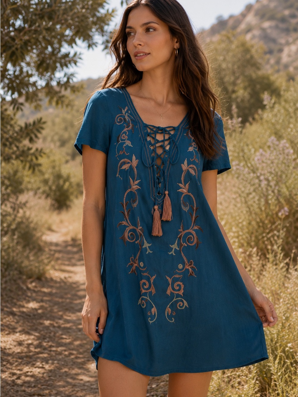 Lulu’s Down in Kokomo Blue Chambray Floral Embroidered Fall Shift Mini Dress